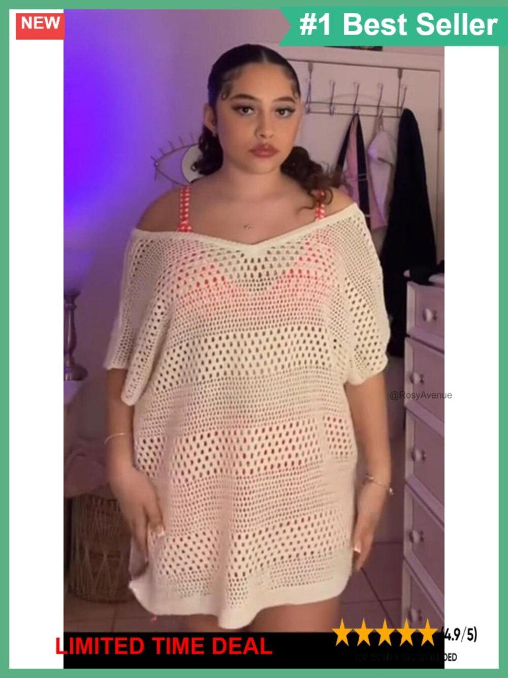 Plus Size Crochet Swim Cover Up Short Sleeve Beach Dress - Picture 5 of 6